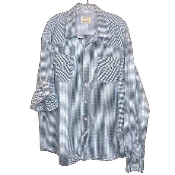 PD&C blue white check button up long sleeve shirt 2X xxl - Picture 1 of 11